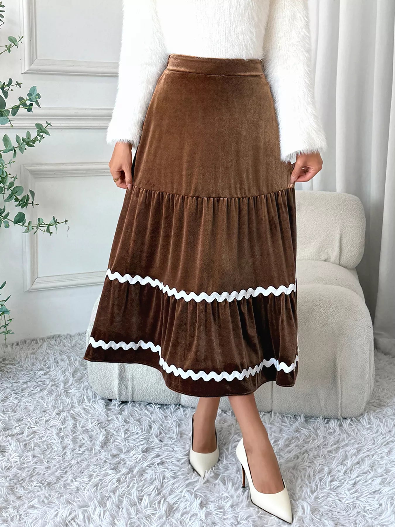 Velvet Tiered Midi Skirt - cas7m