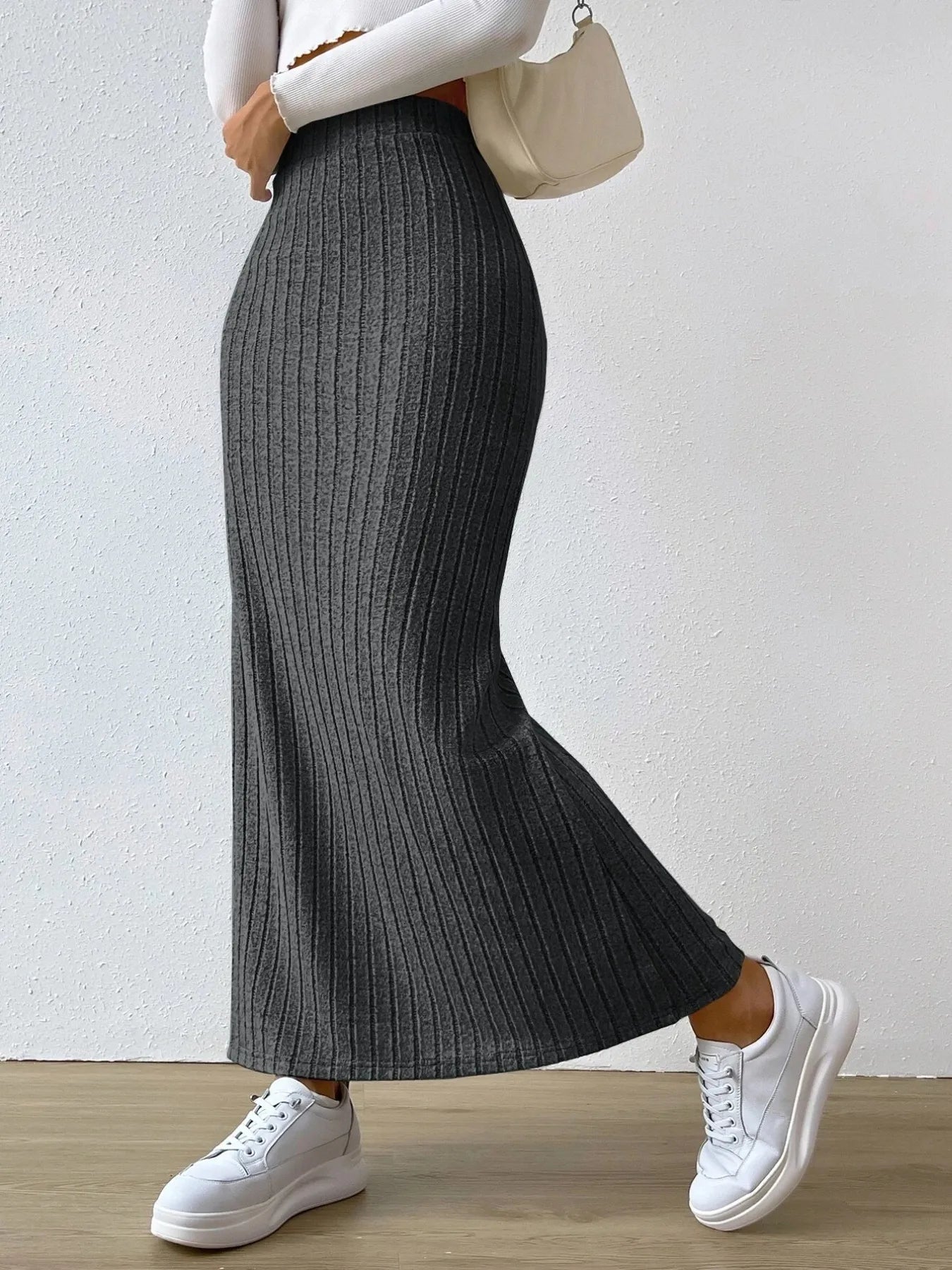 High Waist Ribbed Knit Maxi Skirt - cas7m