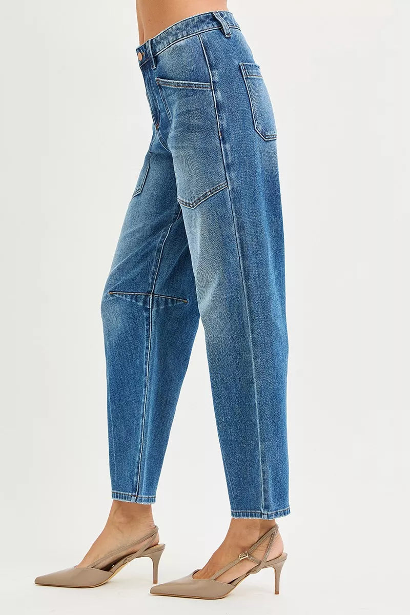 RISEN 4 Way Stretch Mid Rise Barrel Jeans with Patch Pocket Detail - cas7m
