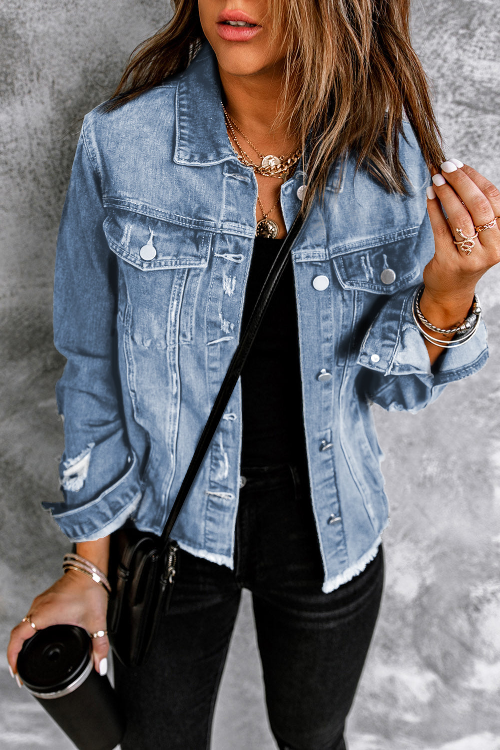 Distressed Raw Hem Buttons Denim Jacket - cas7m