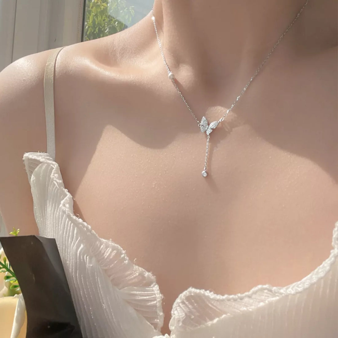 925 Sterling Silver Zircon Butterfly Necklace - cas7m