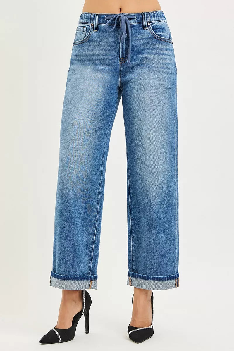 RISEN Elastic Band Slouch Ankle Boyfriend Cuffed Hem Jeans - cas7m