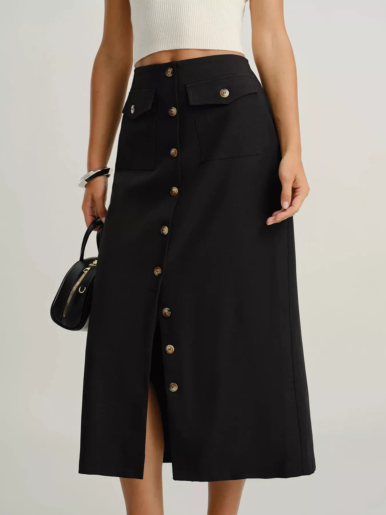 Button-Front Pocketed Midi Skirt - cas7m