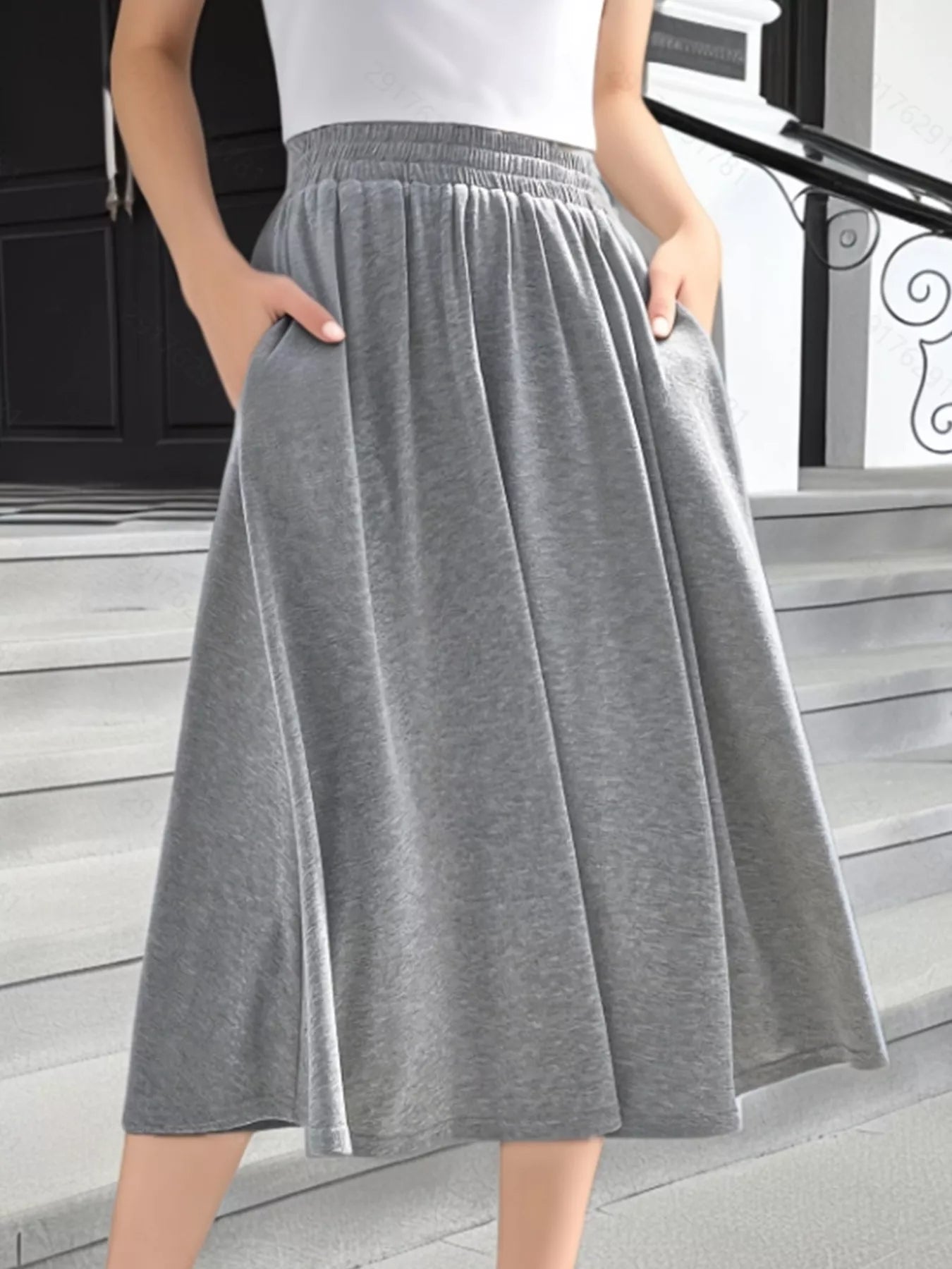 Elastic Waist A-Line Skirt with Pockets - cas7m