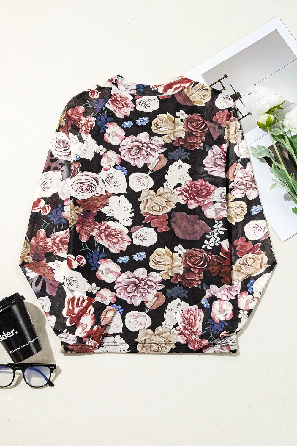 Floral Mock Neck Long Sleeve Mesh Top - cas7m