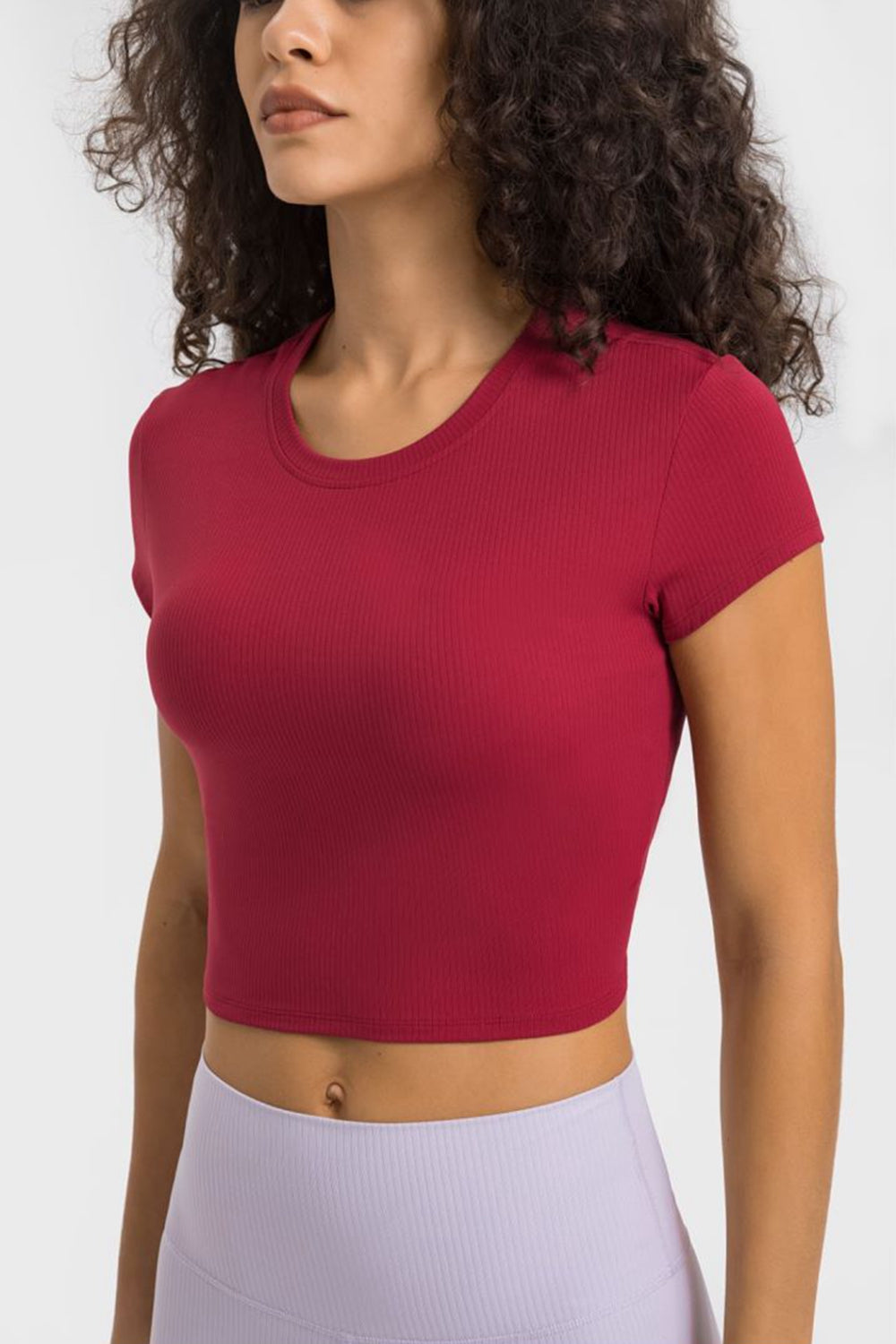 Soft Flex Cropped Yoga Top - Stretchy Solid Short Sleeve - cas7m