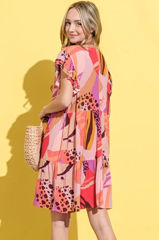 And The Why Printed Double Ruffles Sleeve Dress - cas7m