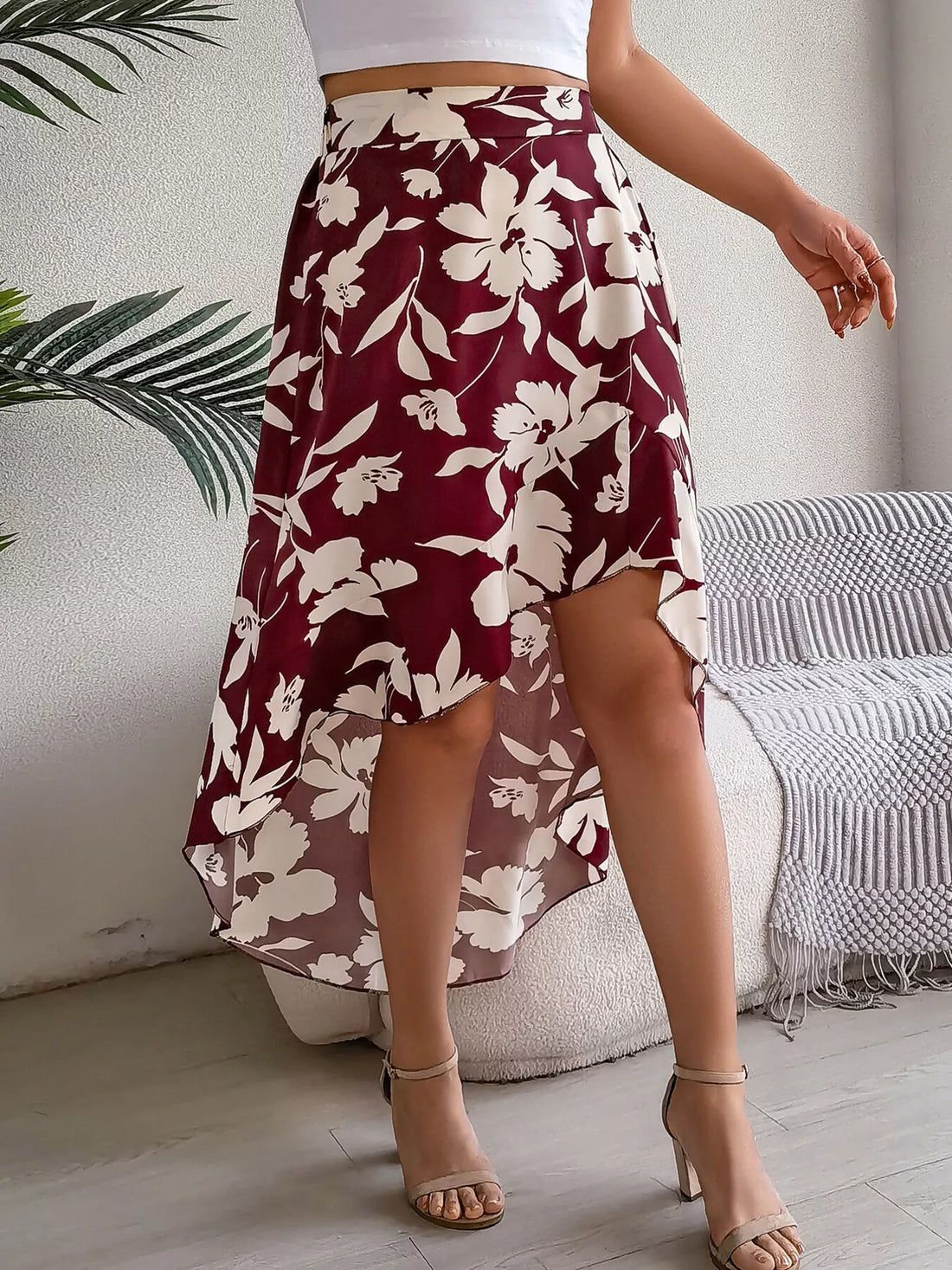Floral Print Ruffle Hem Asymmetrical Skirt - cas7m