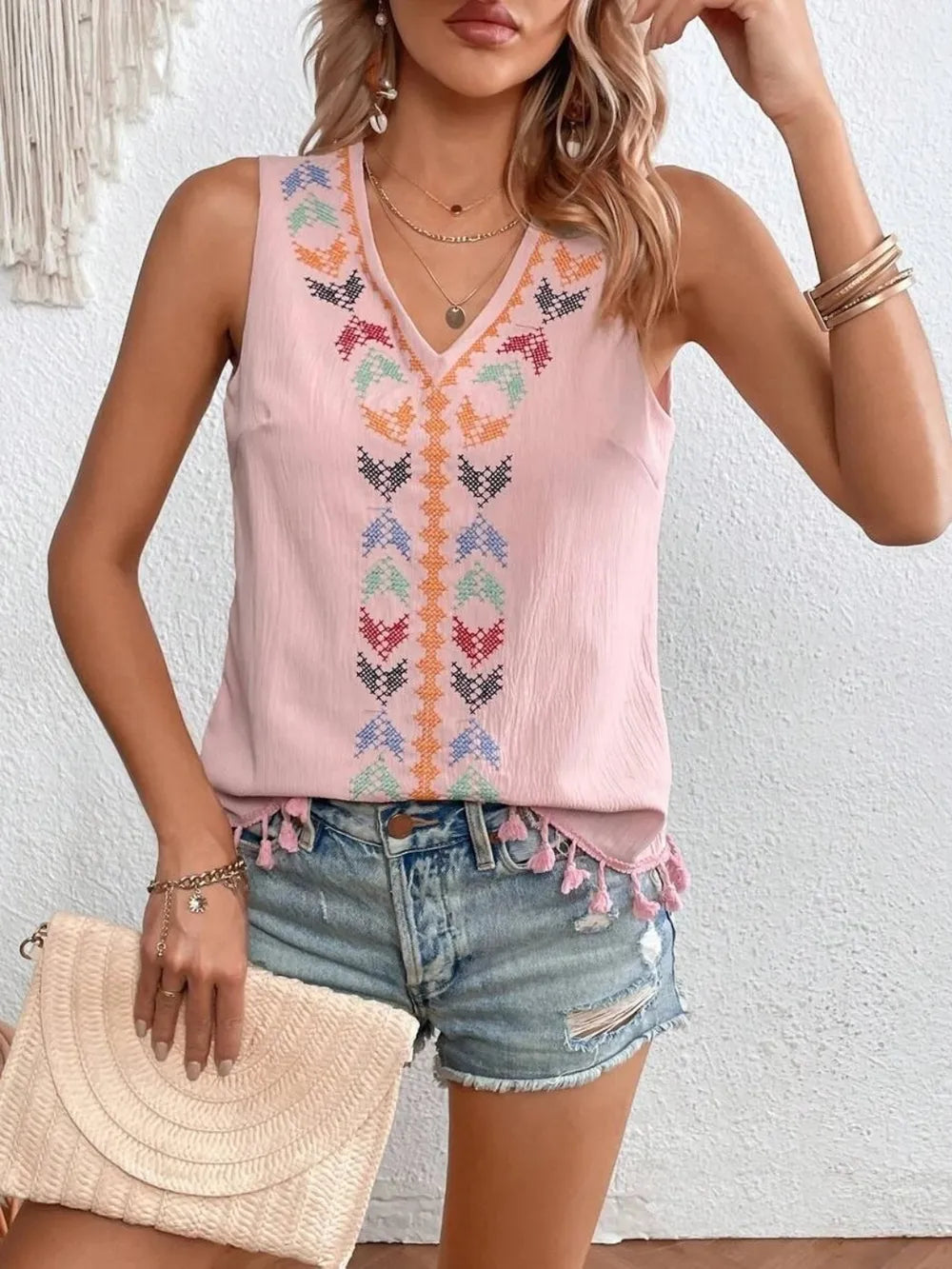 Tassel Printed V-Neck Tank - cas7m