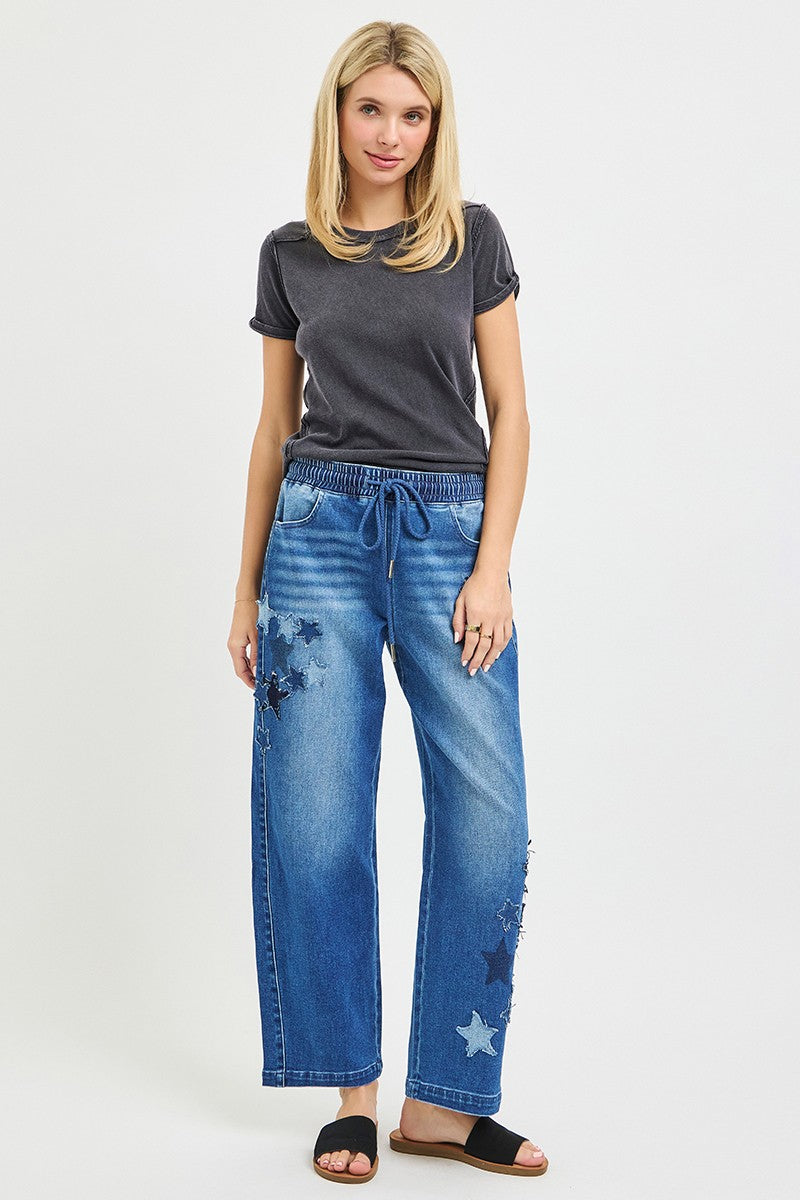 RISEN Elastic Band Slouchy Cropped Barrel with Star Patch - cas7m