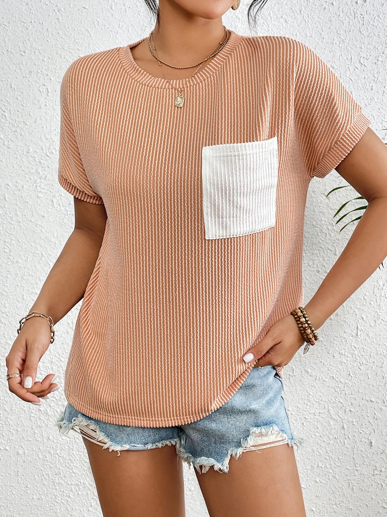 Ribbed Contrast Pocket T-Shirt - cas7m