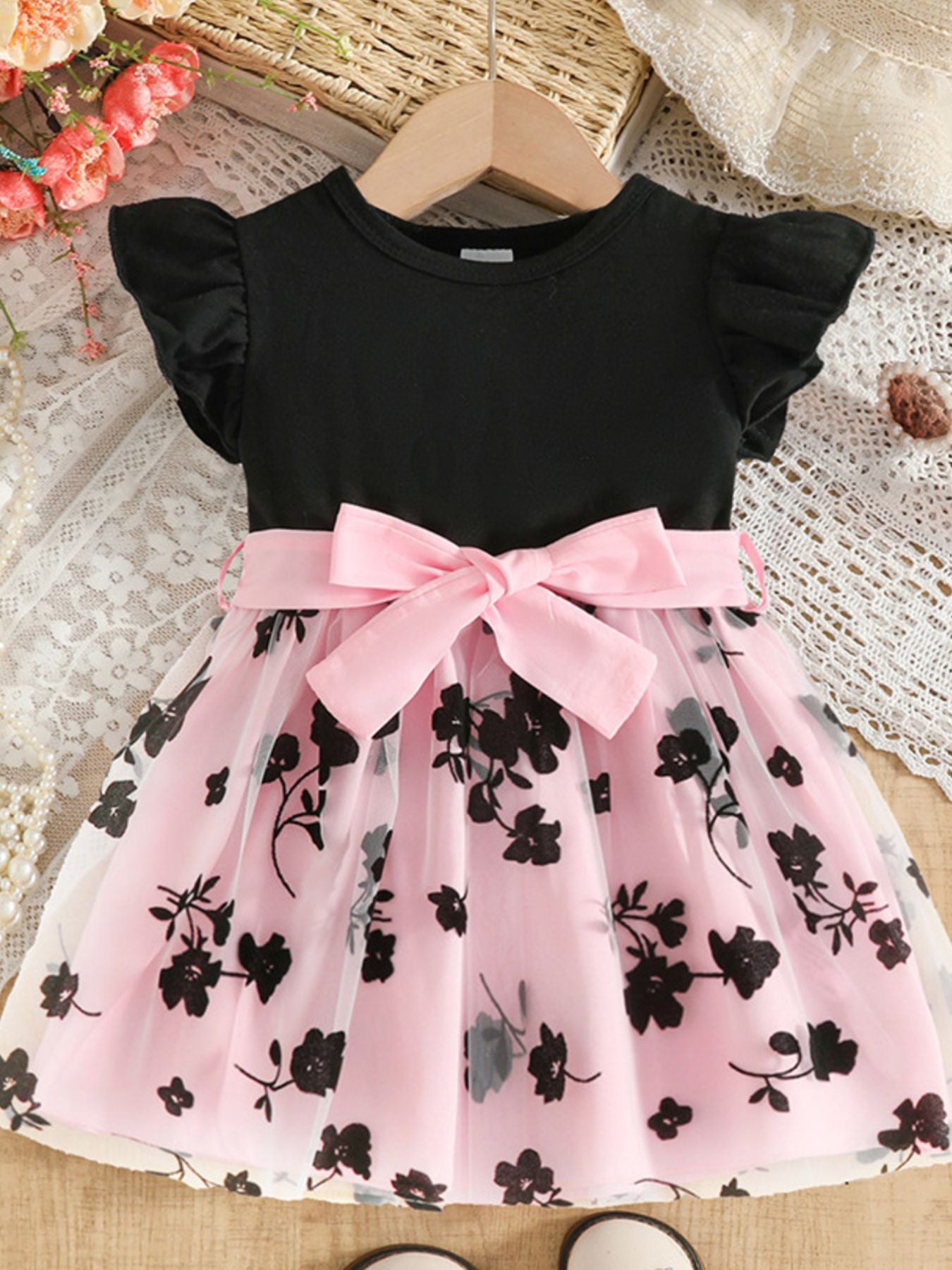 Children's Floral Print Mesh Bowknot Toddler Dress - cas7m