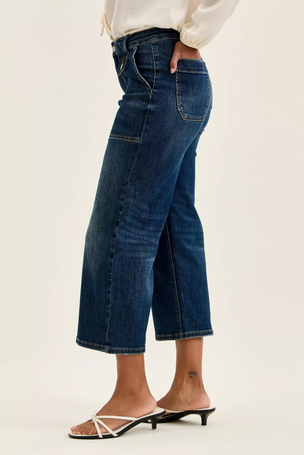 Judy Blue High Waist Wide Crop Utility Jeans with Patch Pocket - cas7m