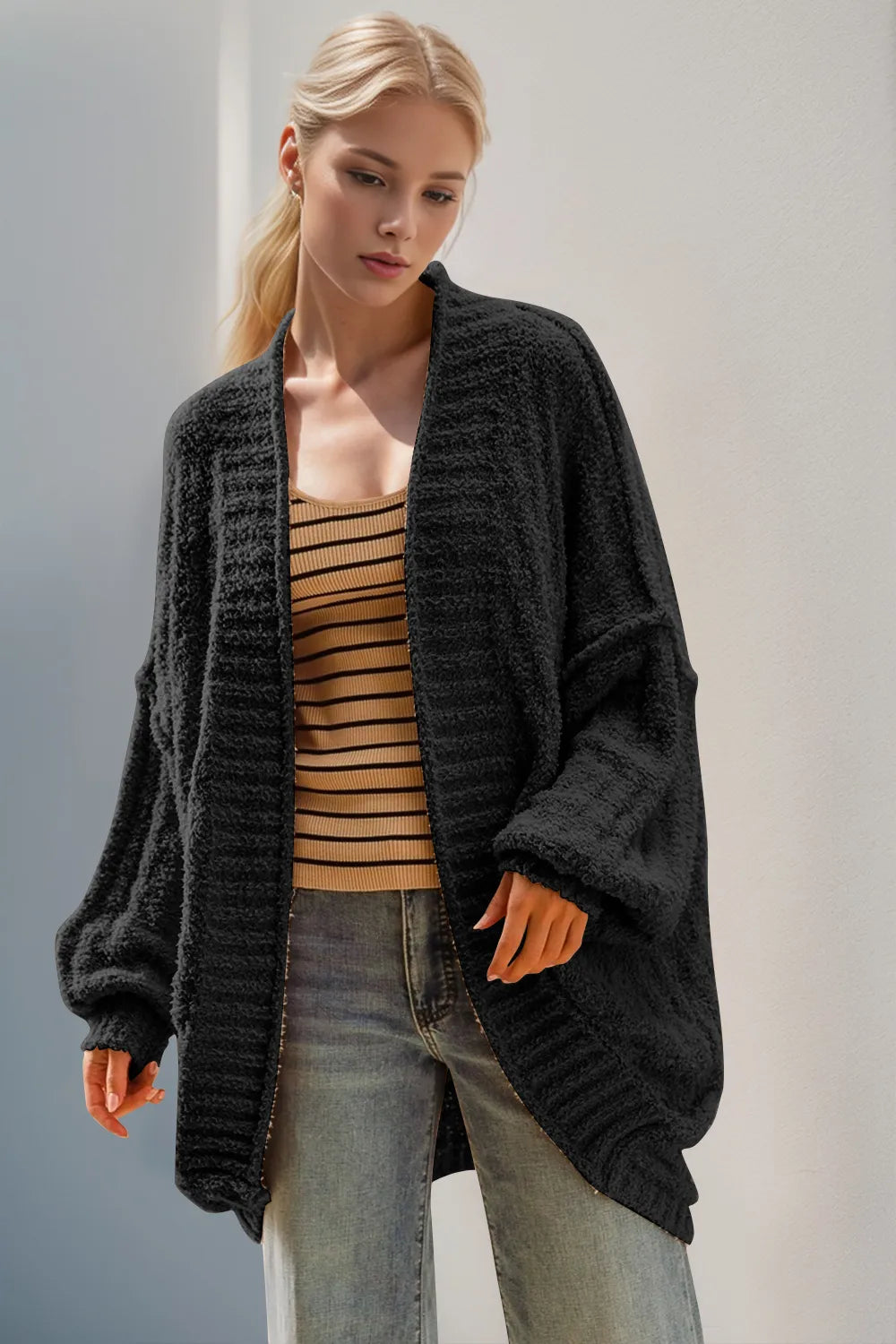 Double Take Full Size Open Front Long Sleeve Cardigan - cas7m