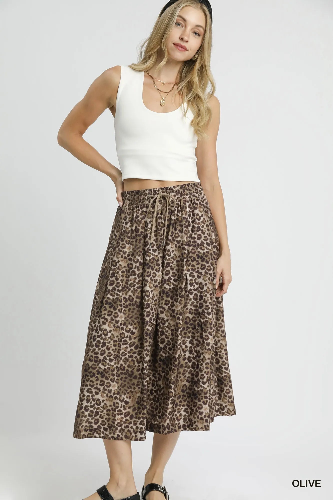 Umgee Drawstring Leopard Midi Skirt - cas7m