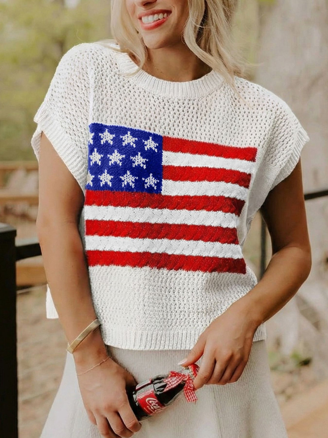American Flag Knitted Short Sleeve Sweater - cas7m