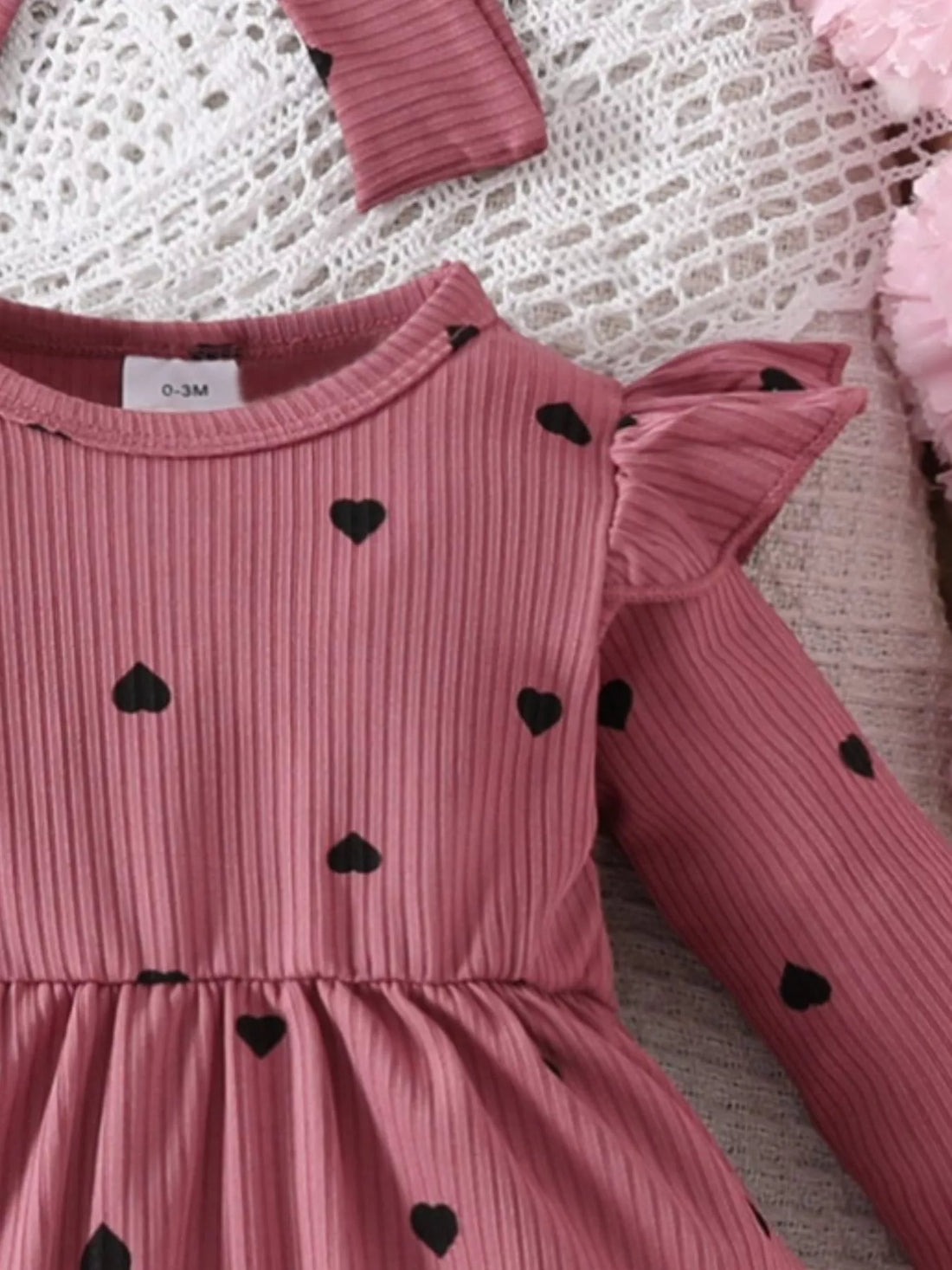 Children's Heart Print Ruffle Trim Bodysuit Dress with Headband - cas7m