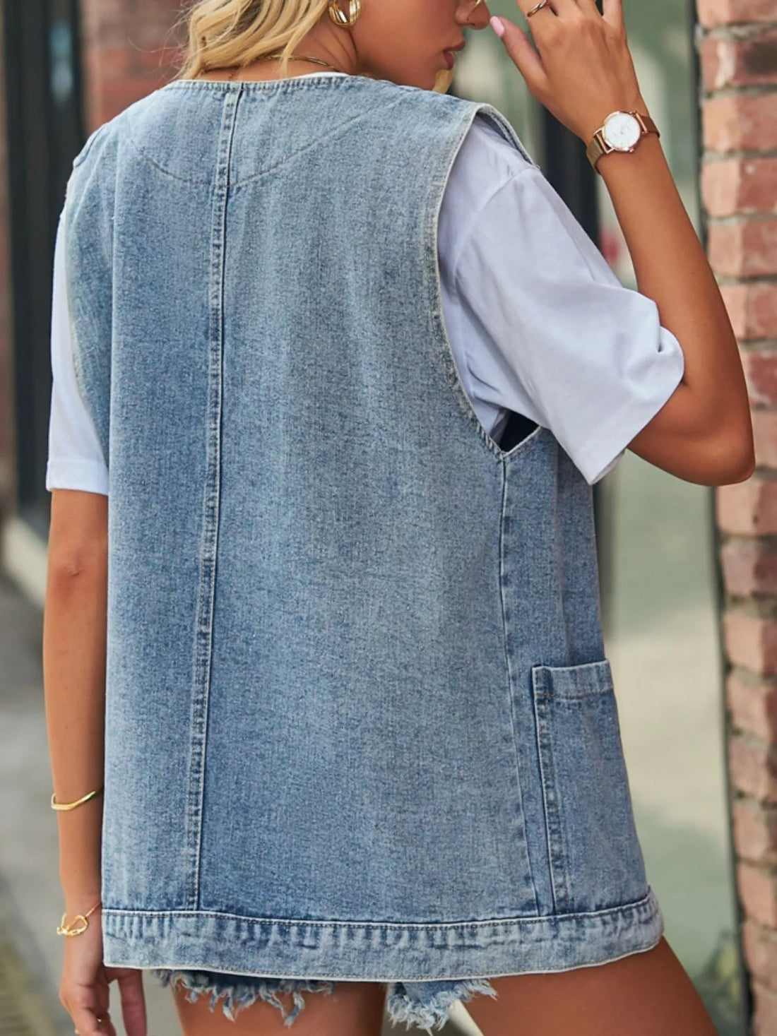Sleeveless Button-Down Denim Jacket Vest - cas7m