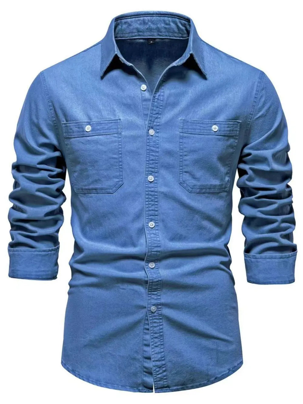 Men's Collared Neck Long Sleeve Denim Shirt - cas7m