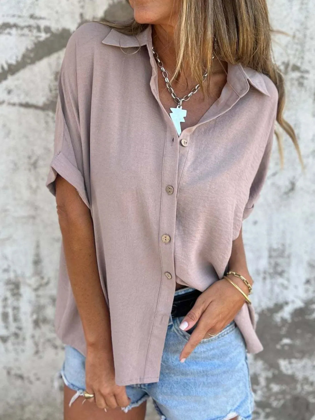 Full Size Collared Neck Half Sleeve Shirt Plus Size - cas7m