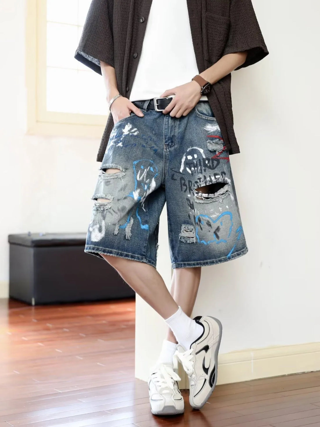 Men's Plus Size Distressed Loose Fit Denim Shorts - cas7m