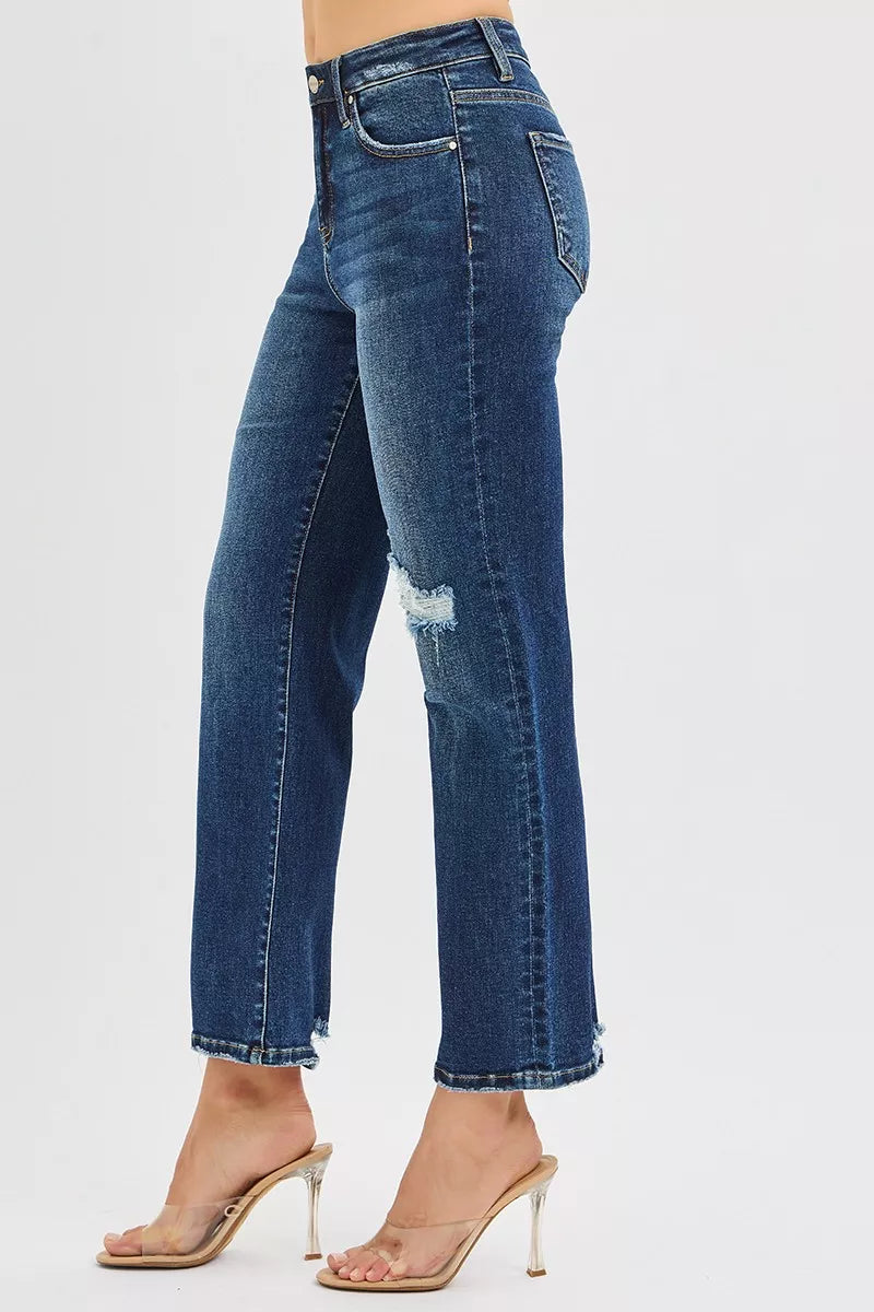 RISEN High Rise Crop Slim Straight Jenas with Hidden Knee Patch - cas7m