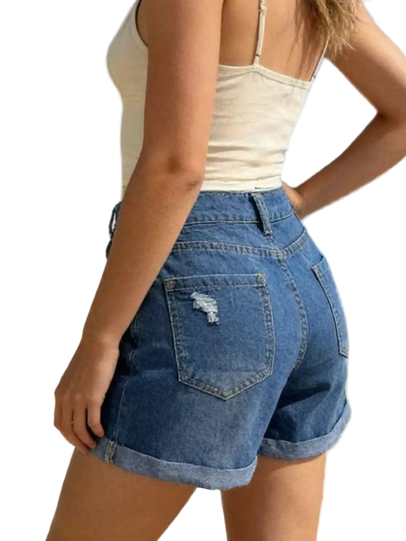 Ripped High-Waisted Denim Shorts - cas7m