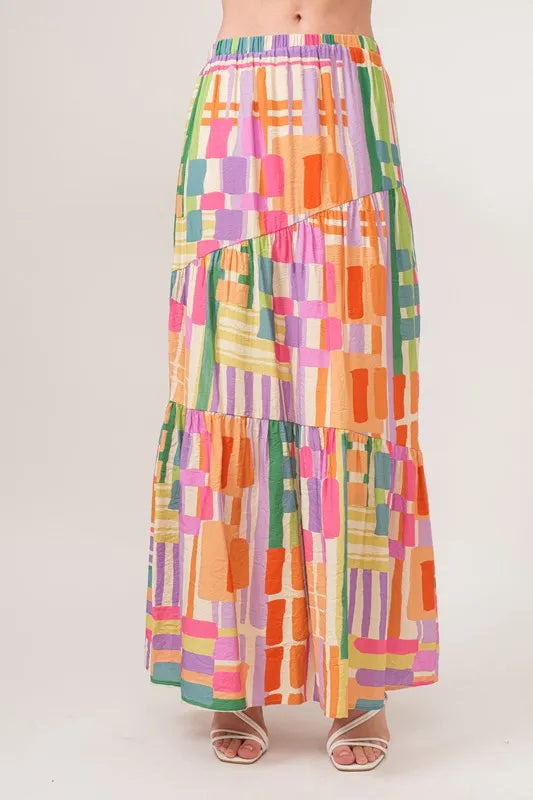 And The Why Asymmetric Geo Printed Tiered Maxi Skirt - cas7m