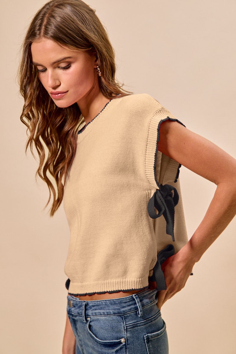SO ME Lightweight Sweater Dolman Side Ribbon Tie Top - cas7m