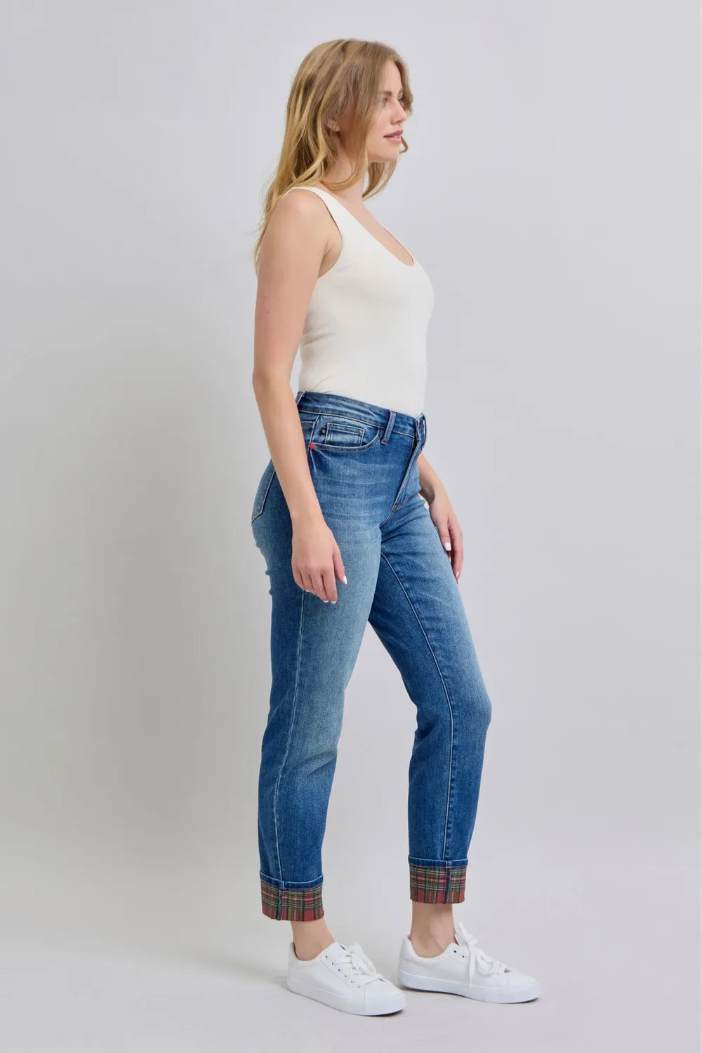 Judy Blue Full Size Plaid Print Cuff Straight Leg Jeans with Pockets - cas7m