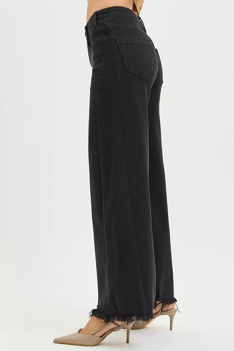 RISEN Tummy Control High Rise Palazzo Leg Frayed Hem Jeans - cas7m