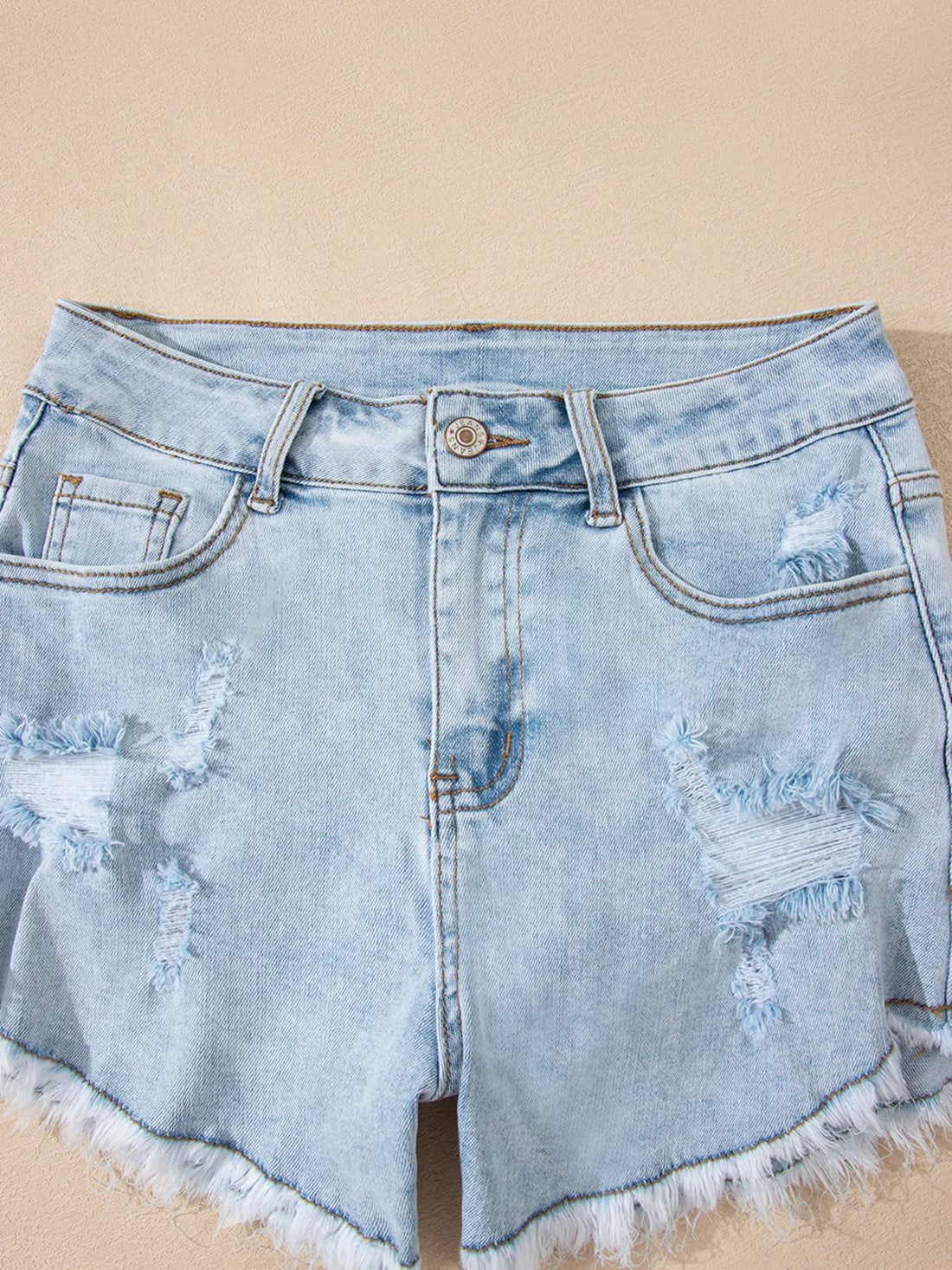 High Rise Distressed Raw Hem Denim Shorts - cas7m