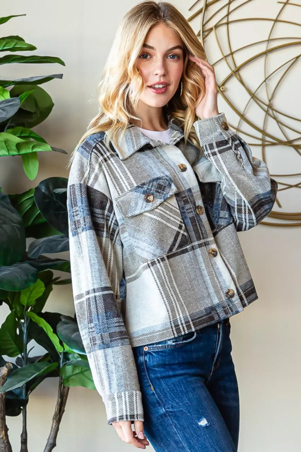 Reborn J Plaid Button Up Long Sleeve Shacket - cas7m