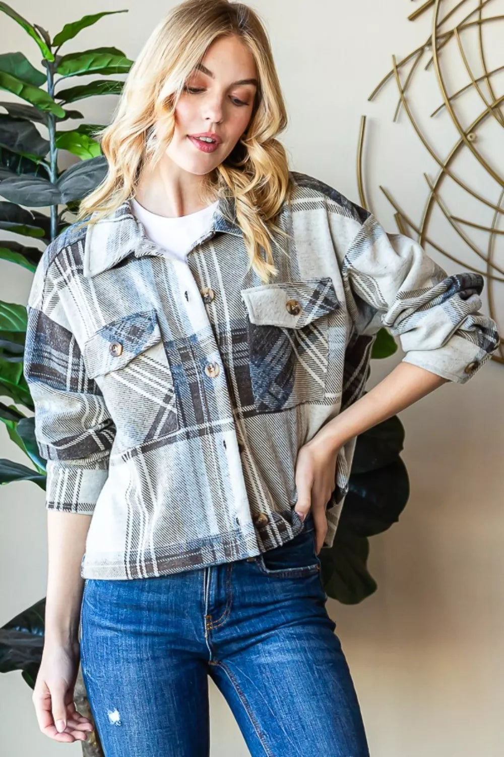Reborn J Plaid Button Up Long Sleeve Shacket - cas7m