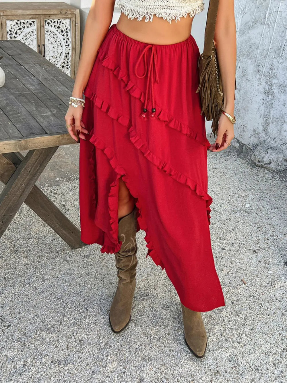 Devine Slit Drawstring Ruffled Skirt - cas7m
