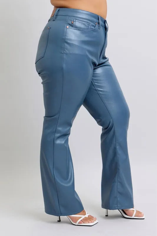 Judy Blue Full Size High Waist Tummy Control Faux Leather Bootcut Pants Plus Size - cas7m