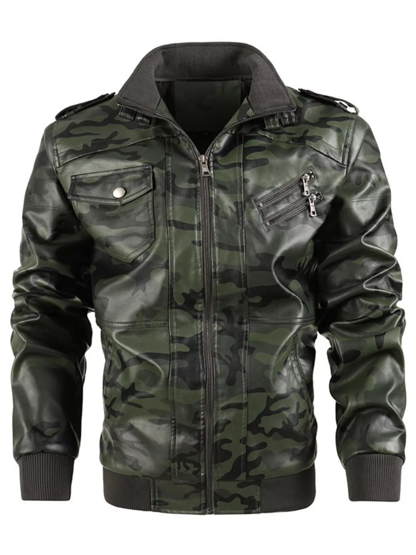Men's Full Size Zip Up Camouflage Faux Leather Jacket Plus Size - cas7m