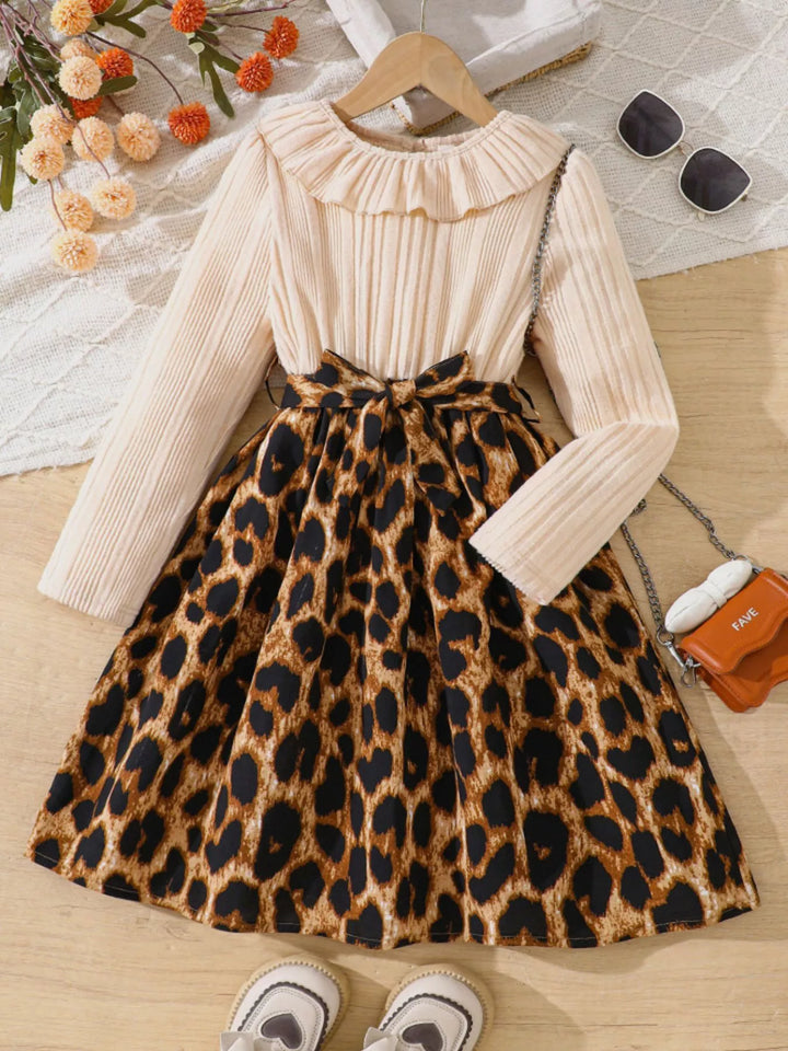 Children's Leopard Print Ruffle Collar Long Sleeve Dress - cas7m