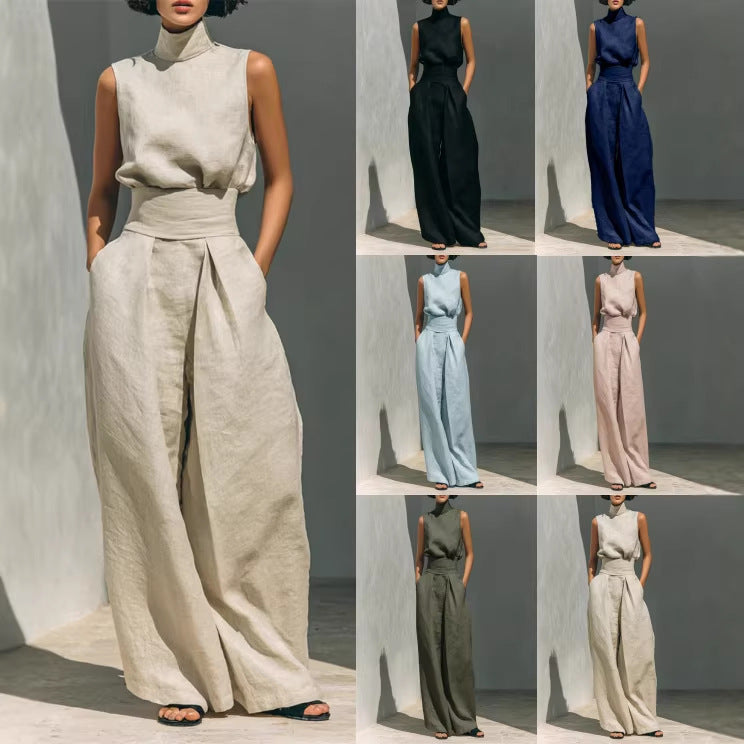 Casual Sleeveless Suit Summer Stand-up Collar Pullover Top And Loose Straight-leg Trousers Women's Clothing - cas7m