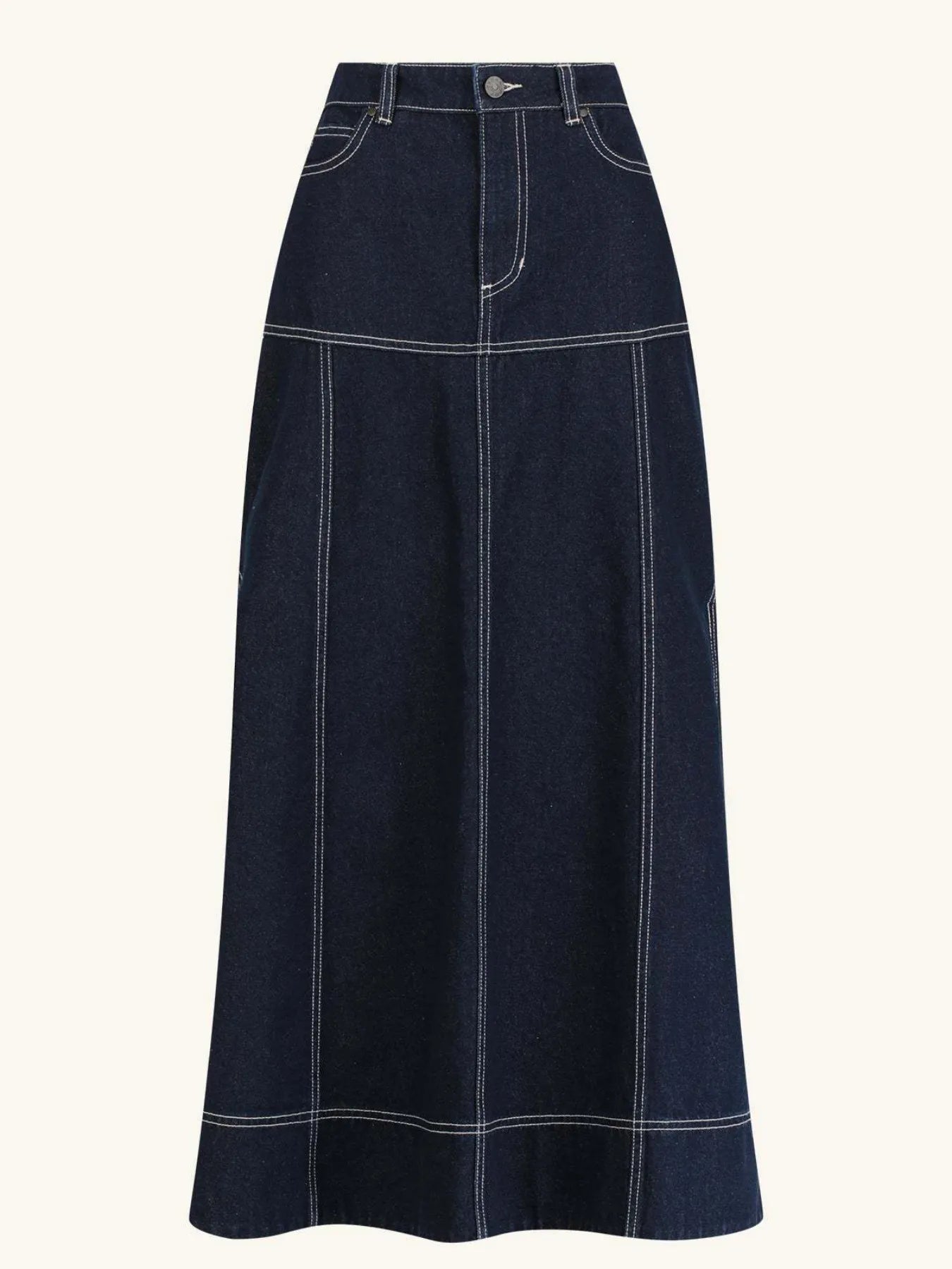 High-Waist Side Slit Contrast Stitch Denim Maxi Skirt - cas7m