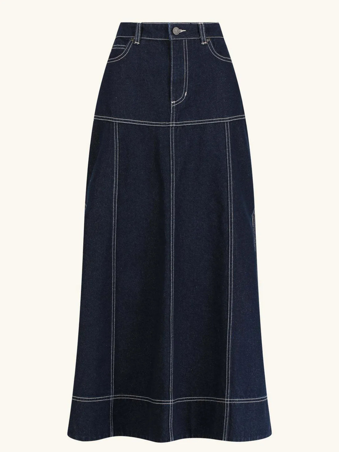 High-Waist Side Slit Contrast Stitch Denim Maxi Skirt - cas7m