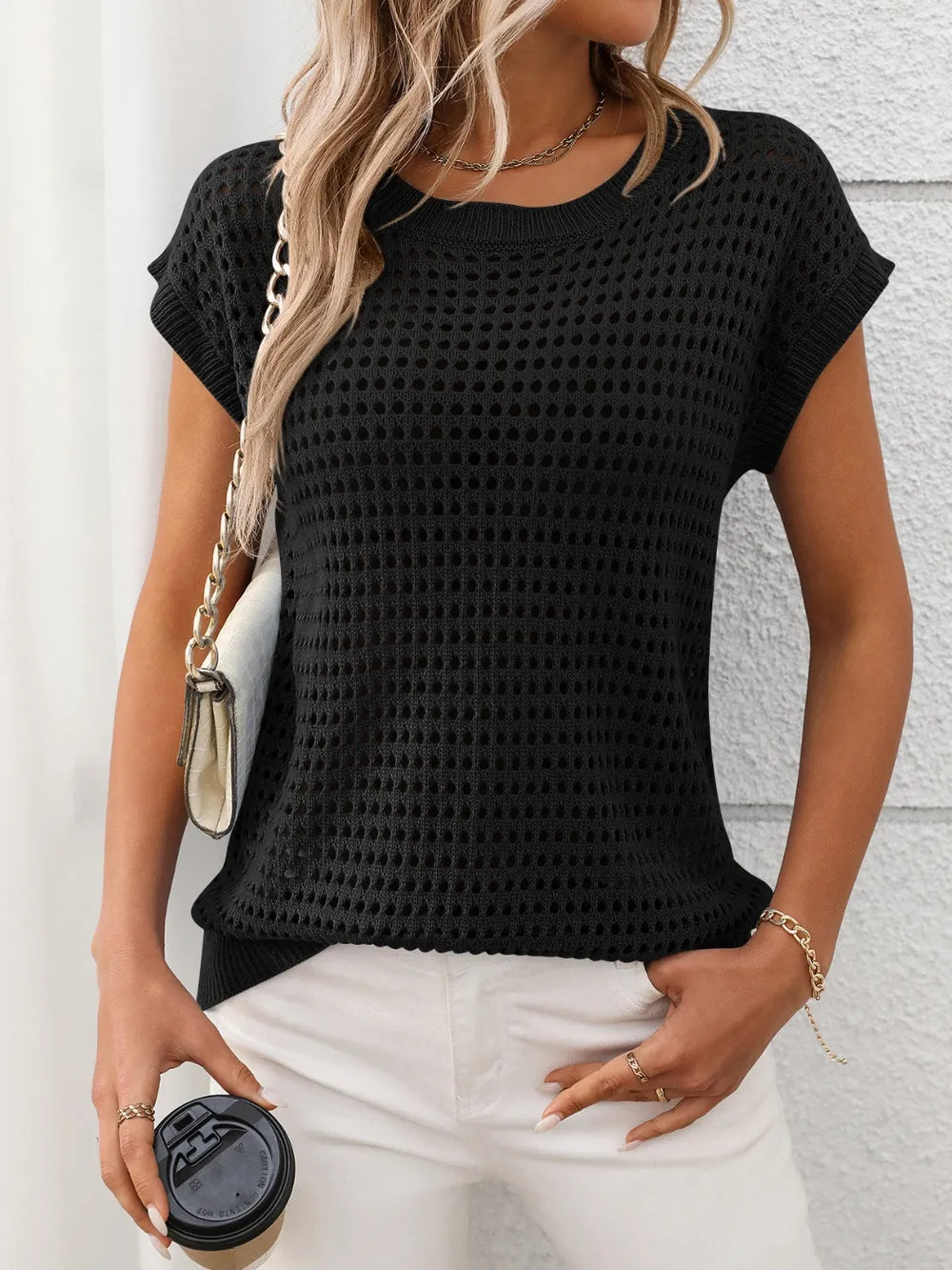 Openwork Round Neck Short Sleeve Knit Cover Up - cas7m
