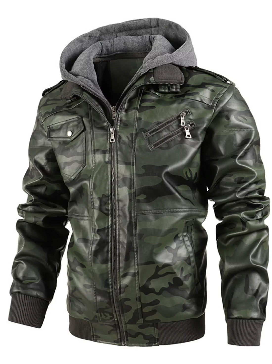 Men's Full Size Hooded Faux Leather Moto Jacket Plus Size - cas7m
