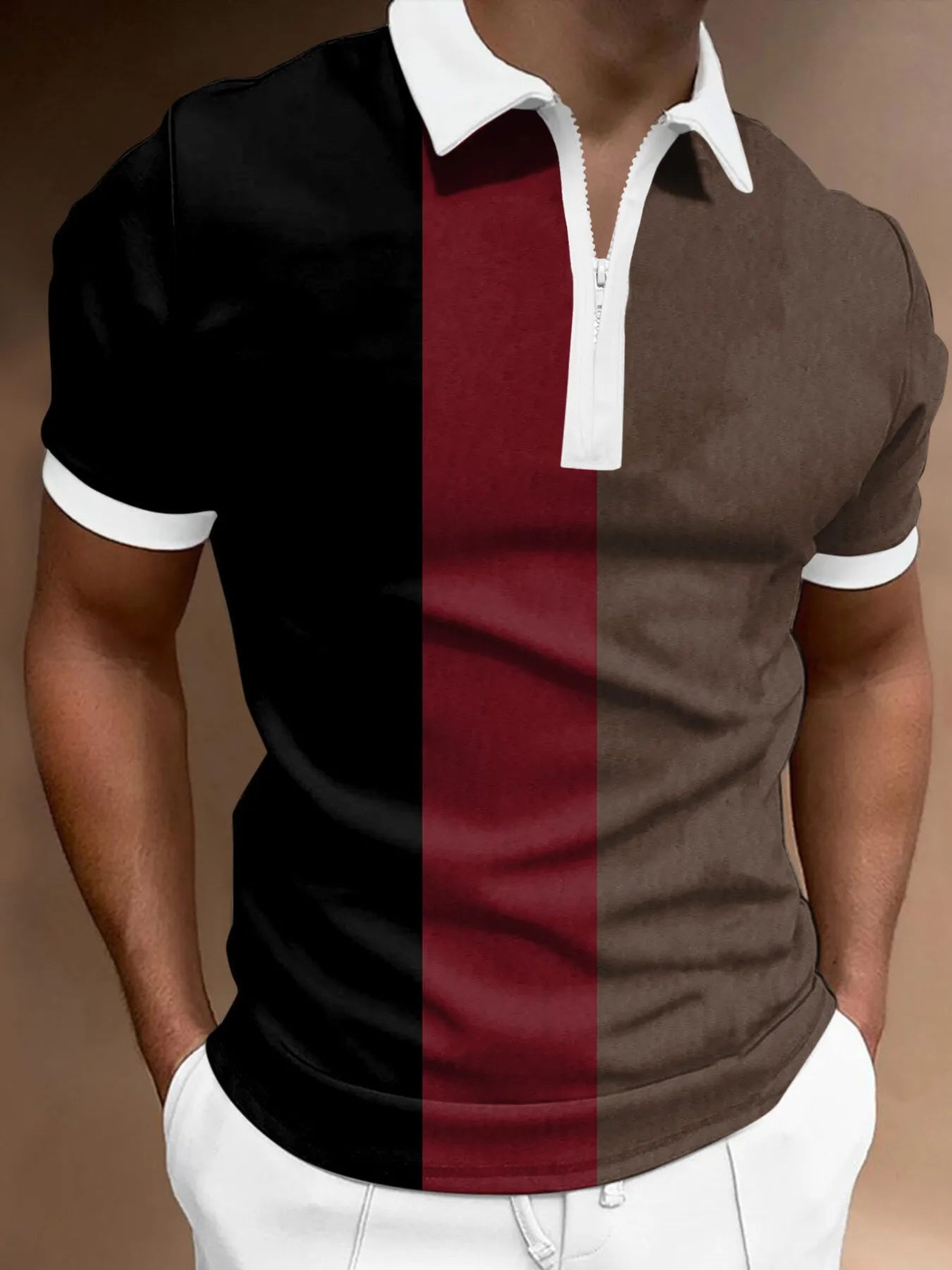 Men's Full Size Color Block Zipper Polo Shirt Plus Size - cas7m