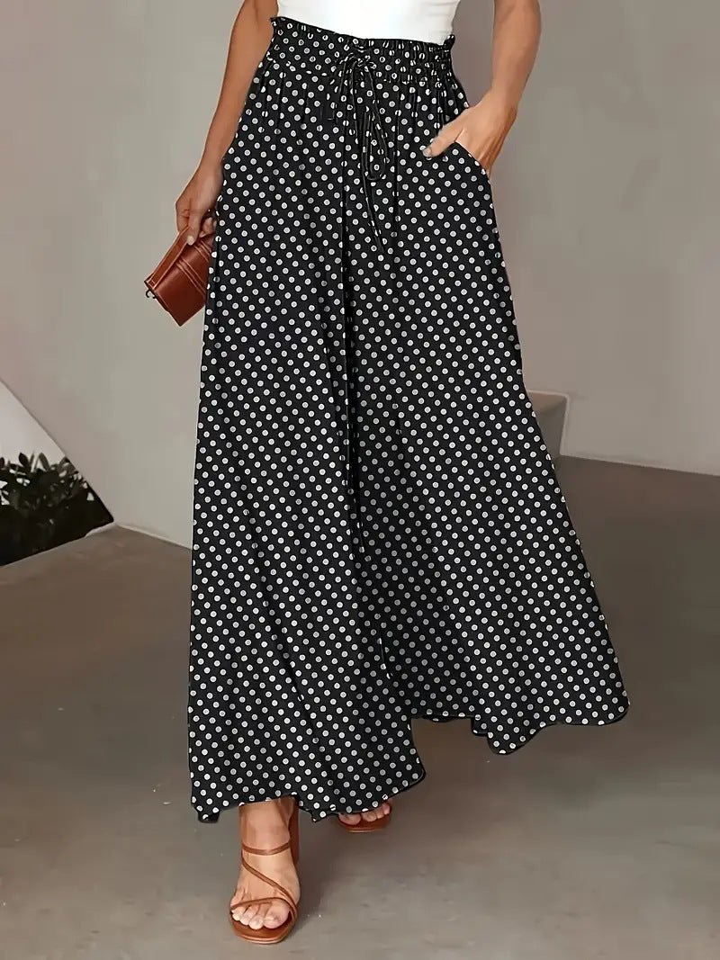 Polka Dot Print Trousers Fashion Loose Elastic Waist Wide-leg Pants Women's Clothing - cas7m