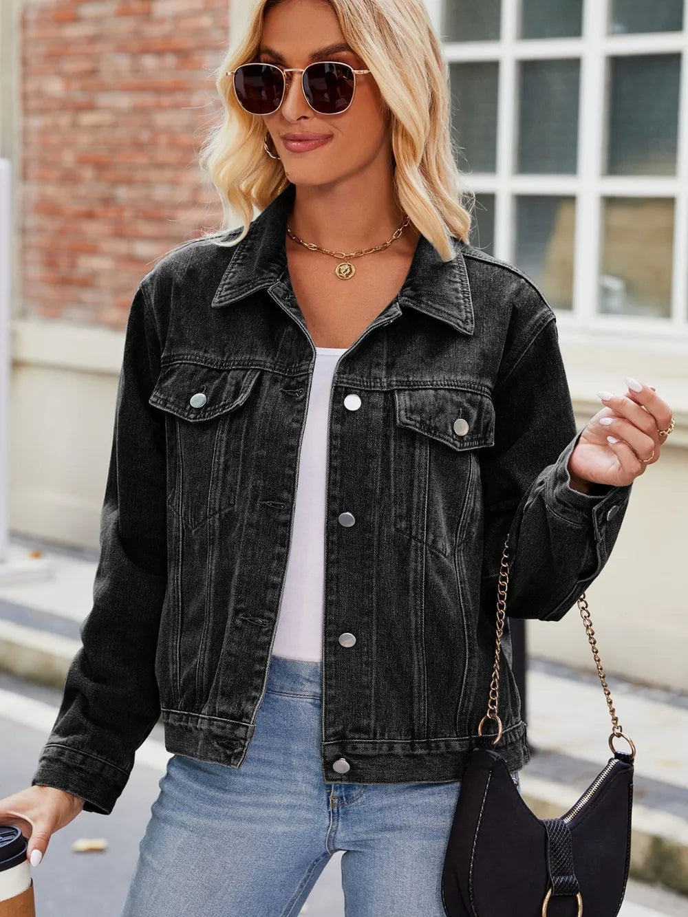 Pocketed Collared Neck Denim Jacket - cas7m