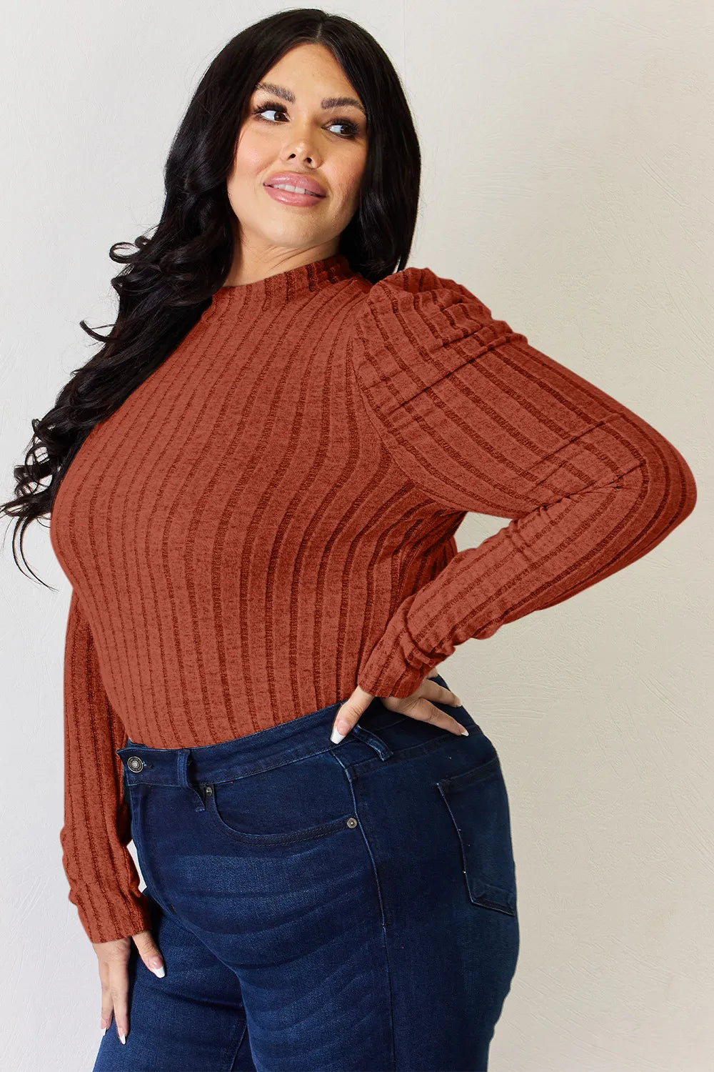 Basic Bae Full Size Ribbed Mock Neck Puff Sleeve T-Shirt - cas7m