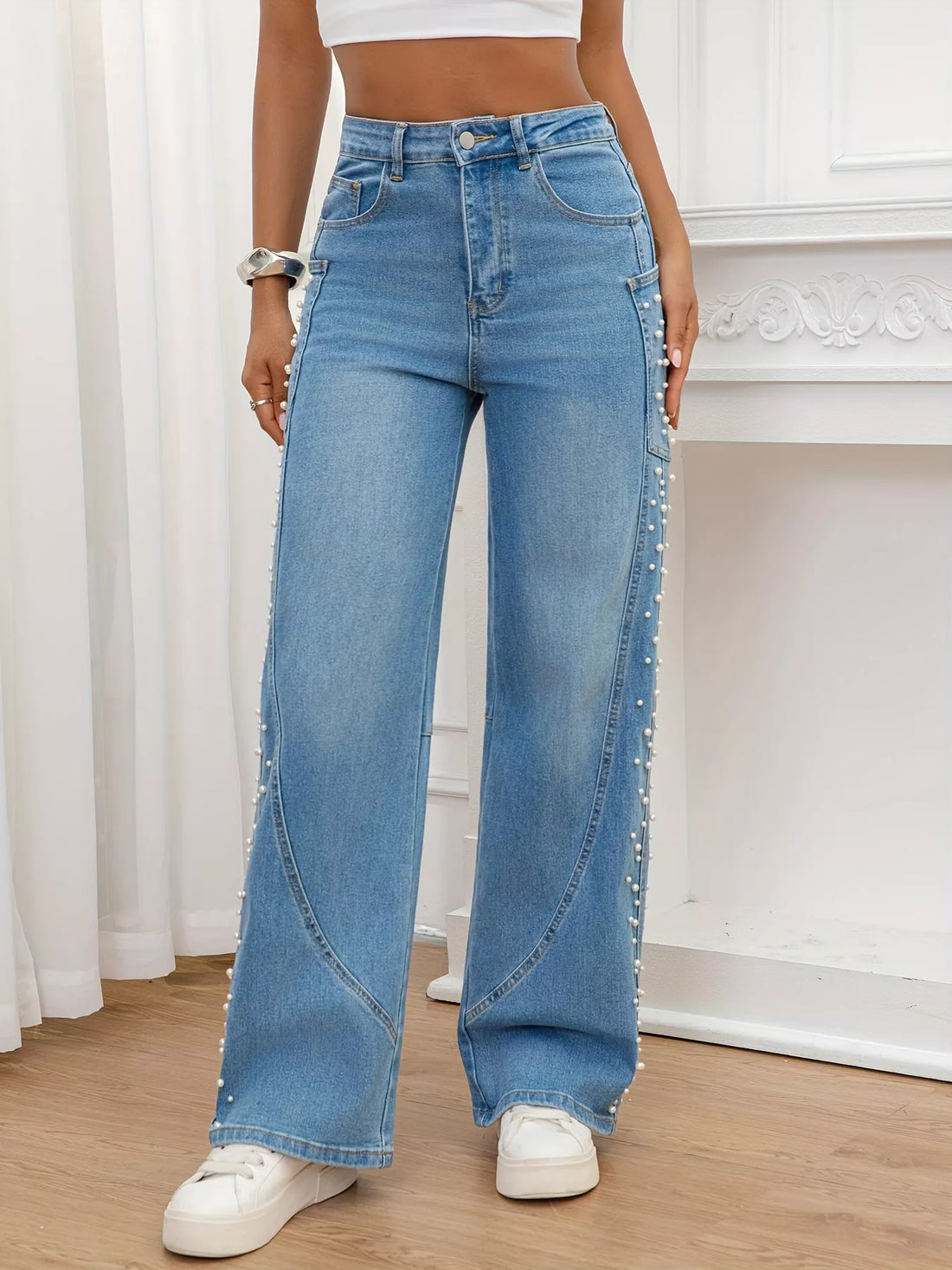 Pearl Embellished Wide Leg Jeans - cas7m