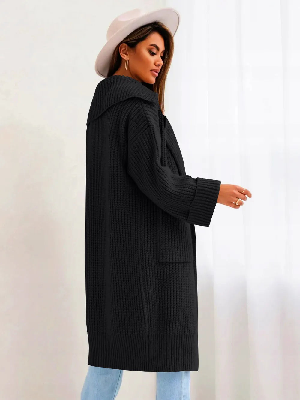 Pocketed Collared Neck Dropped Shoulder Cardigan - cas7m