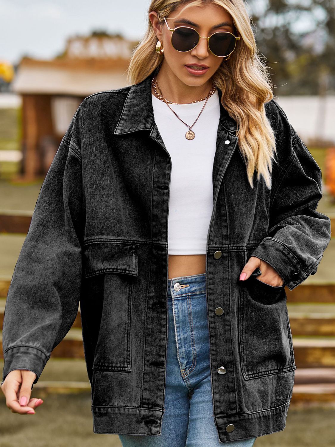 Dropped Shoulder Denim Jacket with Pockets - cas7m